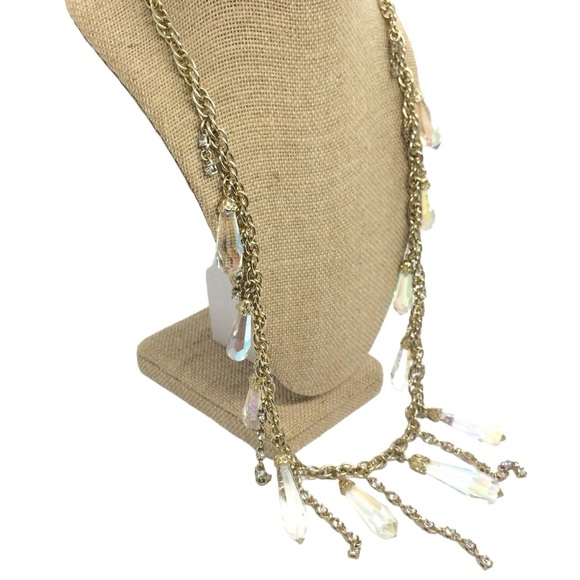 VINTAGE ANN TAYLOR AB AURORA BOREALIS BEAD CHAIN DANGLE NECKLACE GOLD TONE BELT - Picture 6 of 15